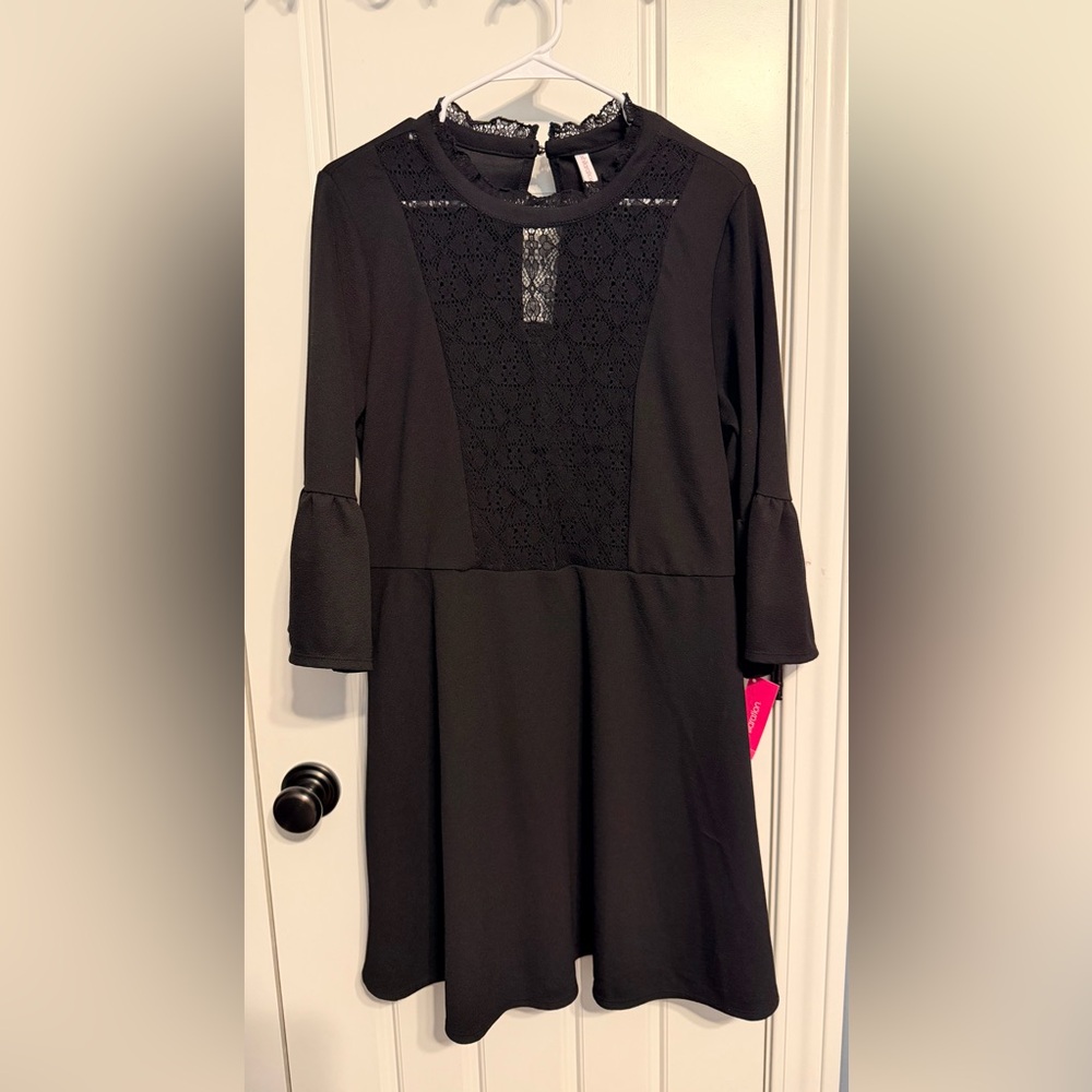 Xhilaration Black Lace-Panel A-Line Dress with Bell Sleeves